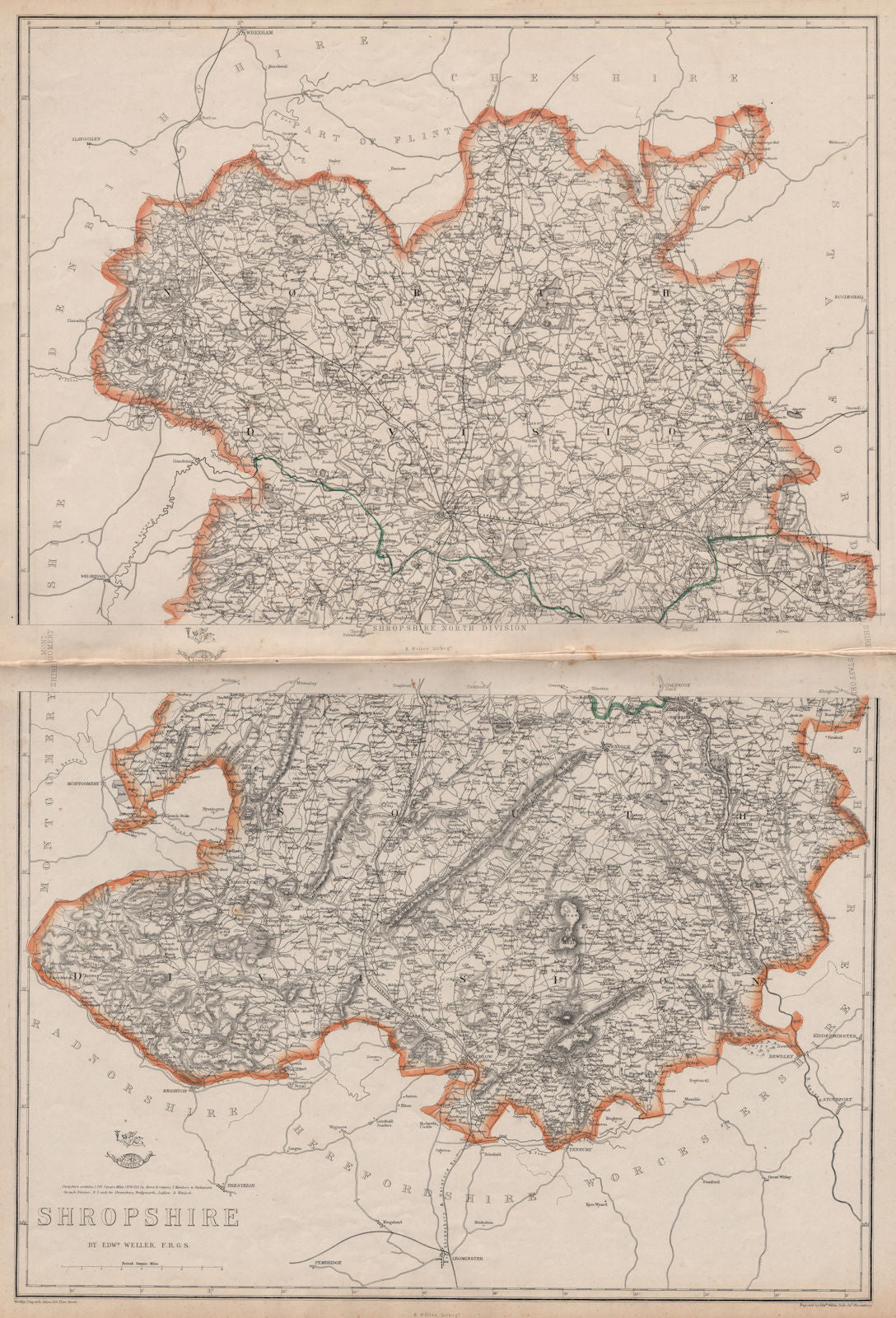 SHROPSHIRE Large county map. Railways Wenlock Edge Stiperstones.WELLER 1862
